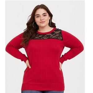 Torrid Red Lace Inset Pullover Sweater Cotton Crew Neck 4